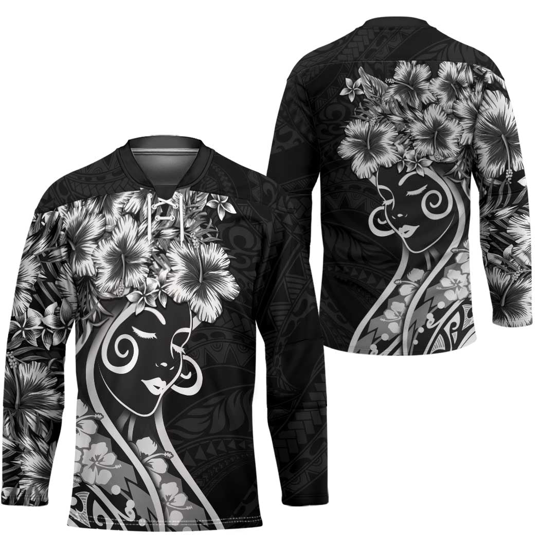 Polynesian Women's Day Hockey Jersey Black Hibiscus Flowers With Polynesian Pattern