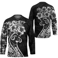 Polynesian Women's Day Hockey Jersey Black Hibiscus Flowers With Polynesian Pattern