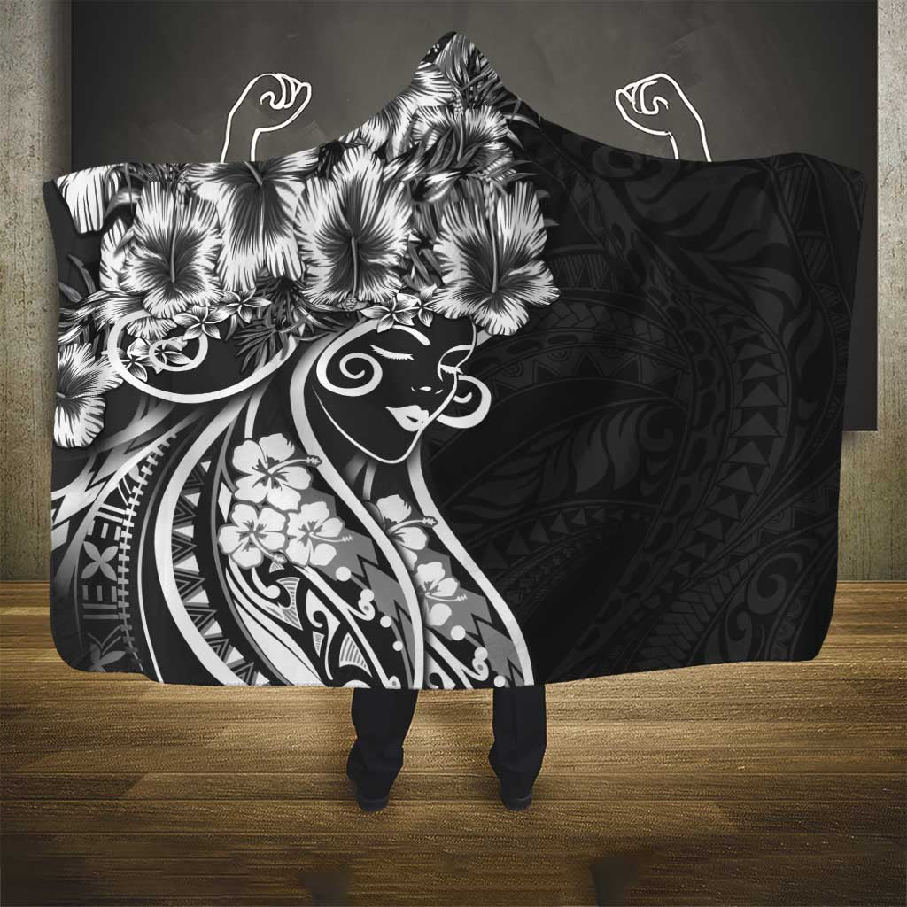 Polynesian Women's Day Hooded Blanket Black Hibiscus Flowers With Polynesian Pattern