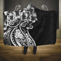 Polynesian Women's Day Hooded Blanket Black Hibiscus Flowers With Polynesian Pattern
