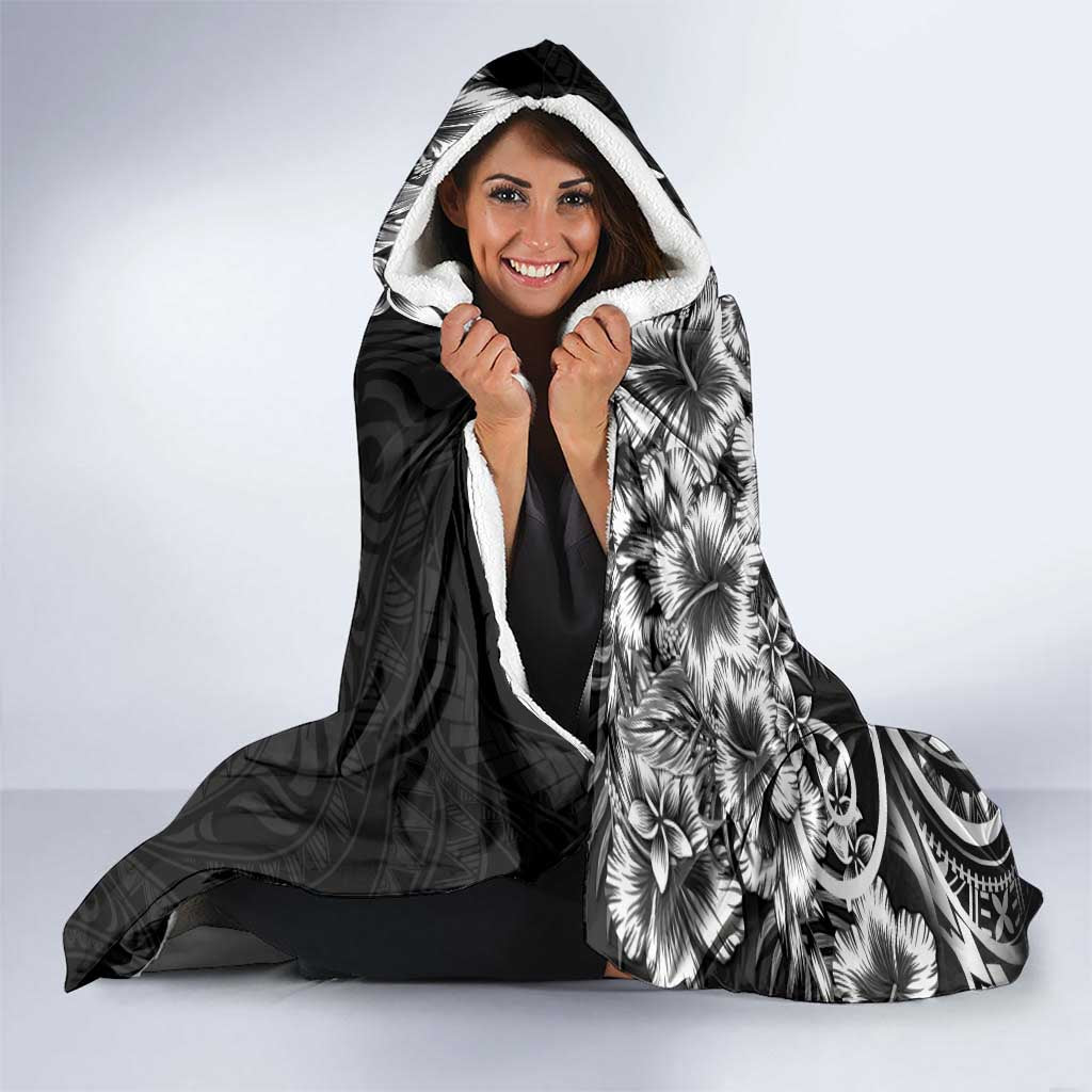 Polynesian Women's Day Hooded Blanket Black Hibiscus Flowers With Polynesian Pattern