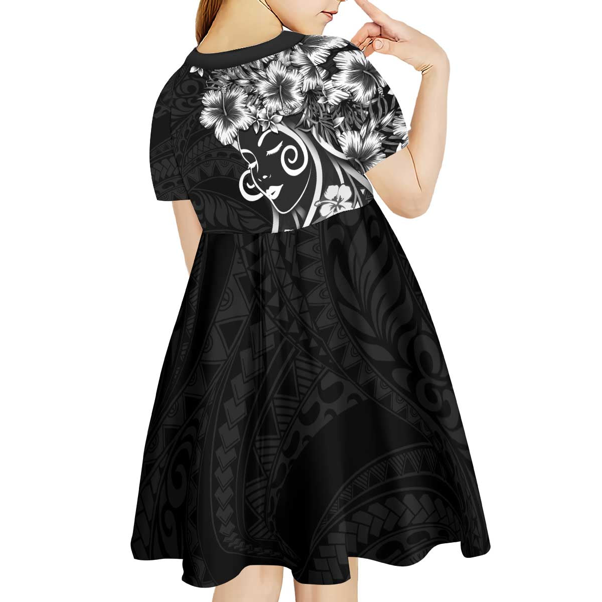 Polynesian Women's Day Kid Short Sleeve Dress Black Hibiscus Flowers With Polynesian Pattern LT05 - Polynesian Pride