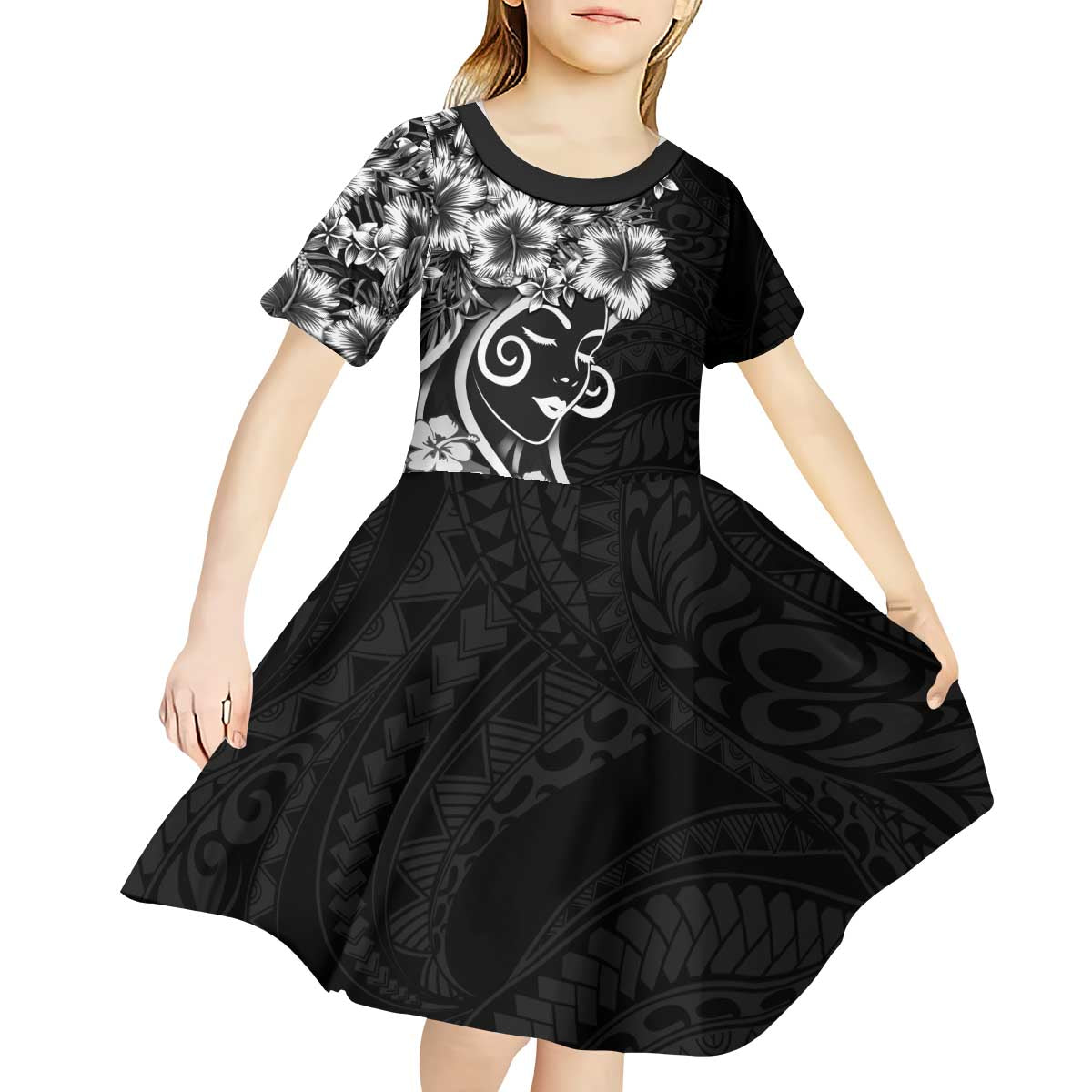 Polynesian Women's Day Kid Short Sleeve Dress Black Hibiscus Flowers With Polynesian Pattern LT05 - Polynesian Pride