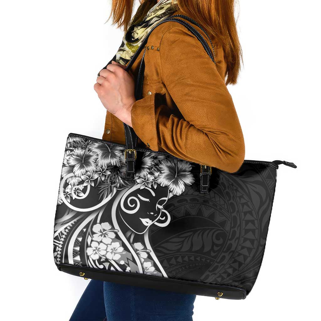 Polynesian Women's Day Leather Tote Bag Black Hibiscus Flowers With Polynesian Pattern LT05 Black - Polynesian Pride