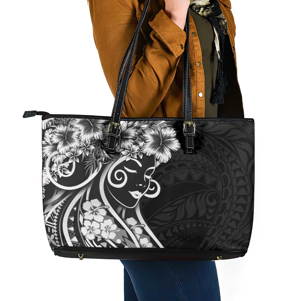 Polynesian Women's Day Leather Tote Bag Black Hibiscus Flowers With Polynesian Pattern LT05 - Polynesian Pride