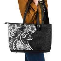 Polynesian Women's Day Leather Tote Bag Black Hibiscus Flowers With Polynesian Pattern LT05 - Polynesian Pride