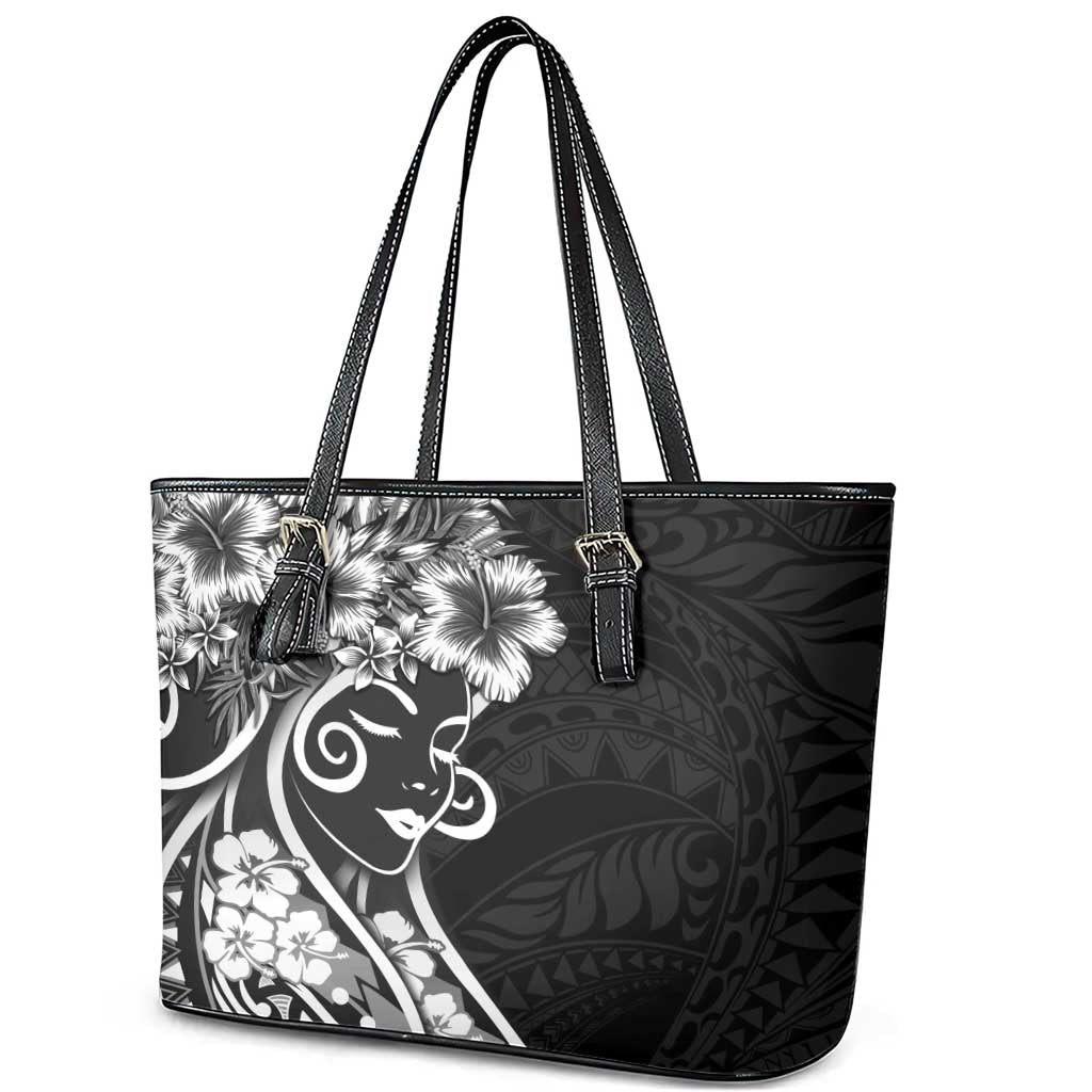 Polynesian Women's Day Leather Tote Bag Black Hibiscus Flowers With Polynesian Pattern LT05 - Polynesian Pride