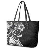 Polynesian Women's Day Leather Tote Bag Black Hibiscus Flowers With Polynesian Pattern LT05 - Polynesian Pride