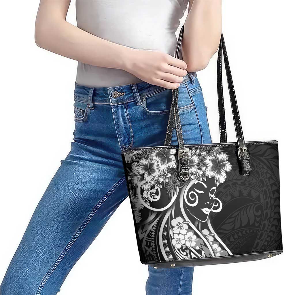 Polynesian Women's Day Leather Tote Bag Black Hibiscus Flowers With Polynesian Pattern LT05 - Polynesian Pride