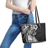 Polynesian Women's Day Leather Tote Bag Black Hibiscus Flowers With Polynesian Pattern LT05 - Polynesian Pride