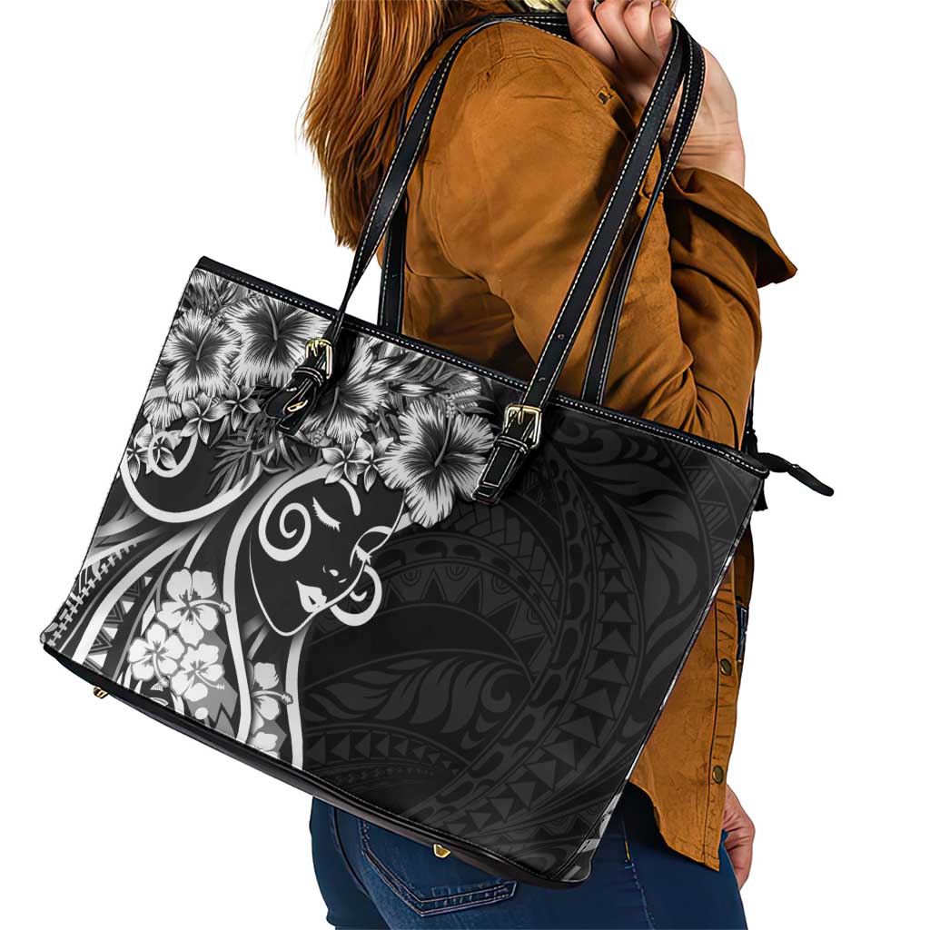 Polynesian Women's Day Leather Tote Bag Black Hibiscus Flowers With Polynesian Pattern LT05 - Polynesian Pride
