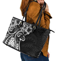 Polynesian Women's Day Leather Tote Bag Black Hibiscus Flowers With Polynesian Pattern LT05 - Polynesian Pride