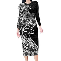 Polynesian Women's Day Long Sleeve Bodycon Dress Black Hibiscus Flowers With Polynesian Pattern LT05 Long Dress Black - Polynesian Pride