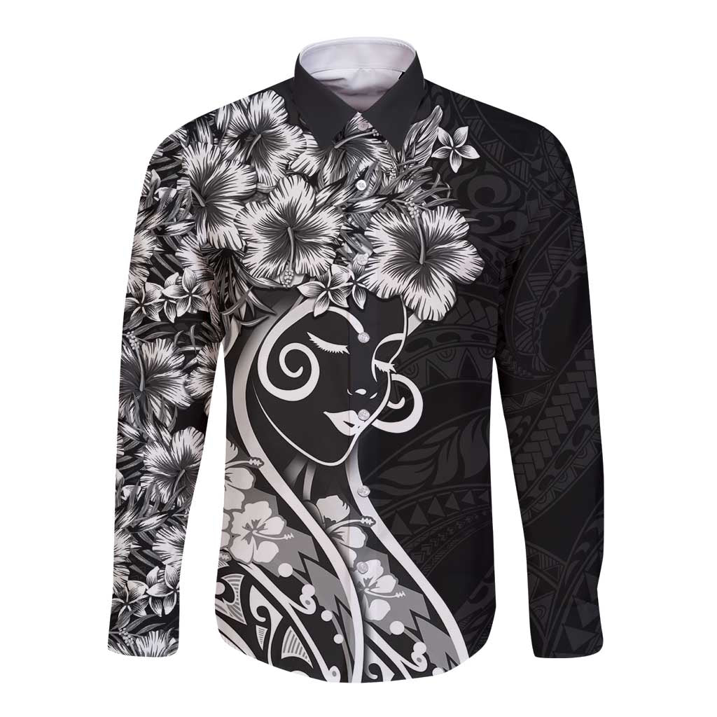 Polynesian Women's Day Long Sleeve Button Shirt Black Hibiscus Flowers With Polynesian Pattern LT05 Unisex Black - Polynesian Pride