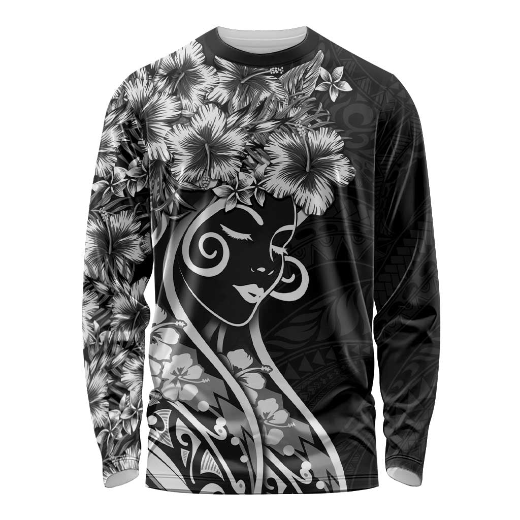 Polynesian Women's Day Long Sleeve Shirt Black Hibiscus Flowers With Polynesian Pattern LT05 Unisex Black - Polynesian Pride
