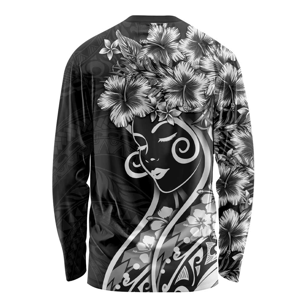 Polynesian Women's Day Long Sleeve Shirt Black Hibiscus Flowers With Polynesian Pattern LT05 - Polynesian Pride