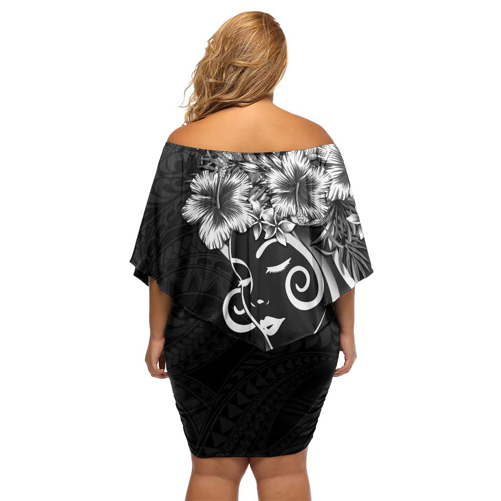 Polynesian Women's Day Off Shoulder Short Dress Black Hibiscus Flowers With Polynesian Pattern LT05 - Polynesian Pride