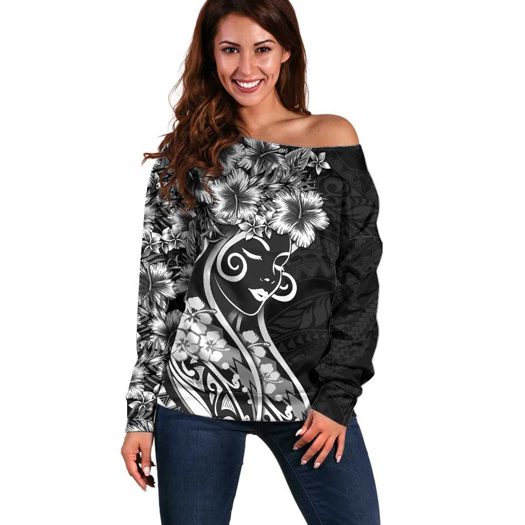Polynesian Women's Day Off Shoulder Sweater Black Hibiscus Flowers With Polynesian Pattern LT05 Women Black - Polynesian Pride