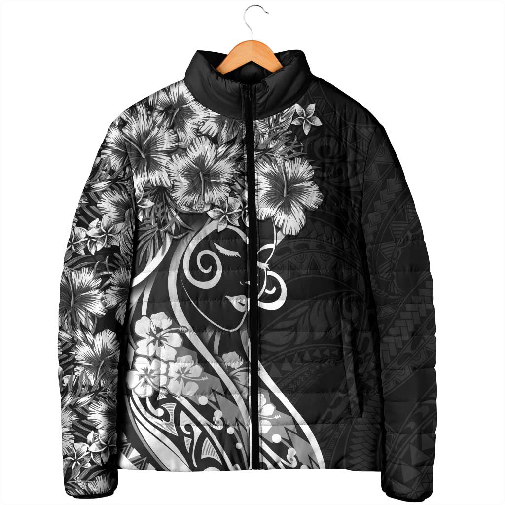 Polynesian Women's Day Padded Jacket Black Hibiscus Flowers With Polynesian Pattern LT05 - Polynesian Pride