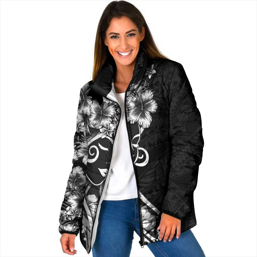 Polynesian Women's Day Padded Jacket Black Hibiscus Flowers With Polynesian Pattern LT05 Women Black - Polynesian Pride