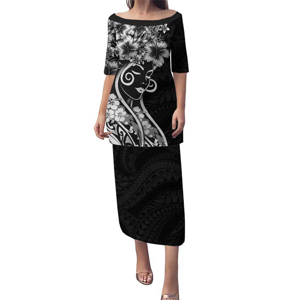 Polynesian Women's Day Puletasi Black Hibiscus Flowers With Polynesian Pattern LT05 Long Dress Black - Polynesian Pride