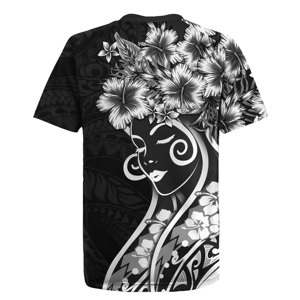 Polynesian Women's Day Rugby Jersey Black Hibiscus Flowers With Polynesian Pattern LT05 - Polynesian Pride