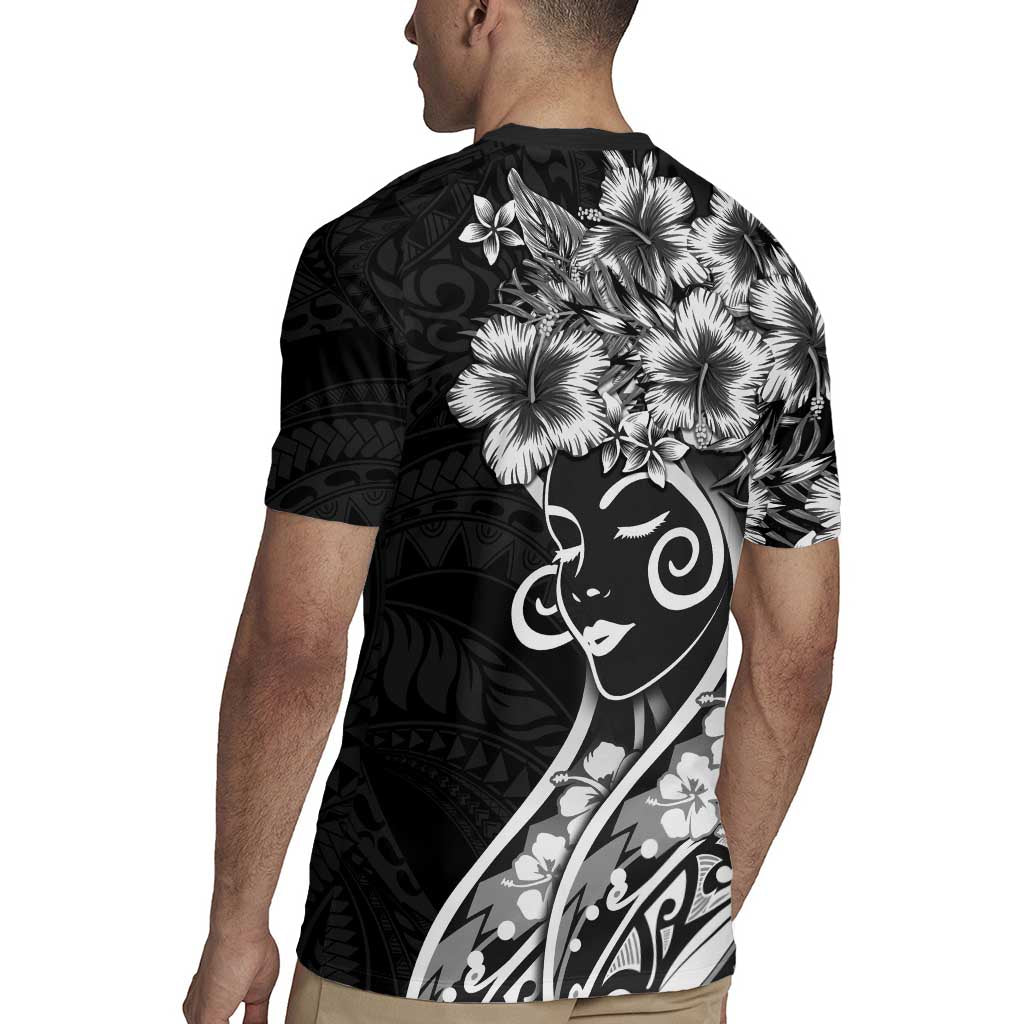 Polynesian Women's Day Rugby Jersey Black Hibiscus Flowers With Polynesian Pattern LT05 - Polynesian Pride