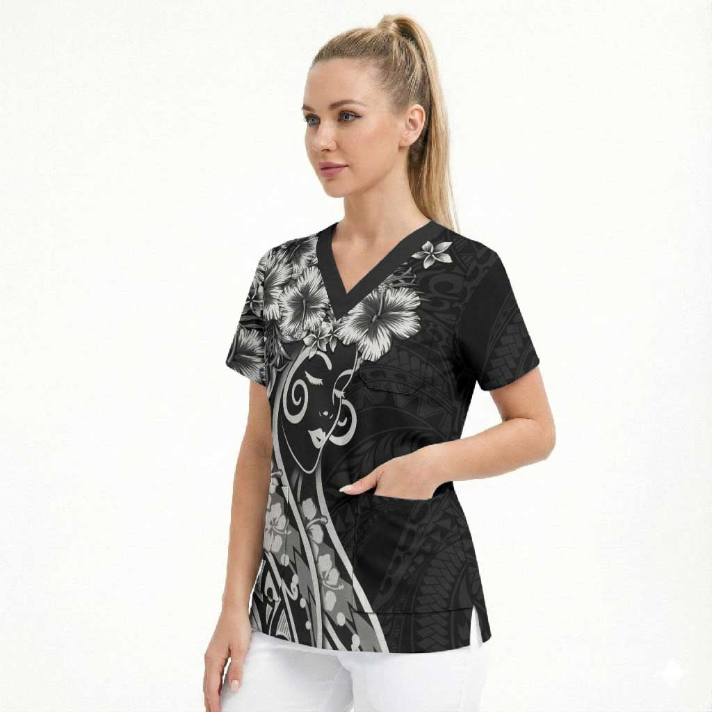 Polynesian Women's Day Scrub Top Black Hibiscus Flowers With Polynesian Pattern LT05 - Polynesian Pride