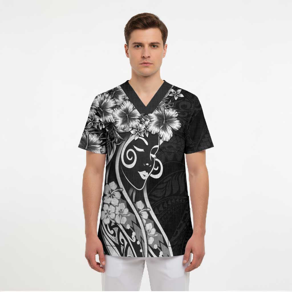 Polynesian Women's Day Scrub Top Black Hibiscus Flowers With Polynesian Pattern LT05 - Polynesian Pride