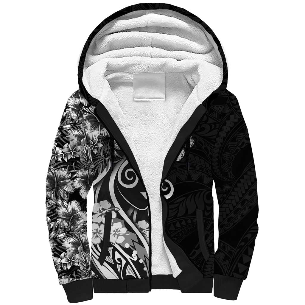 Polynesian Women's Day Sherpa Hoodie Black Hibiscus Flowers With Polynesian Pattern LT05 Unisex Black - Polynesian Pride