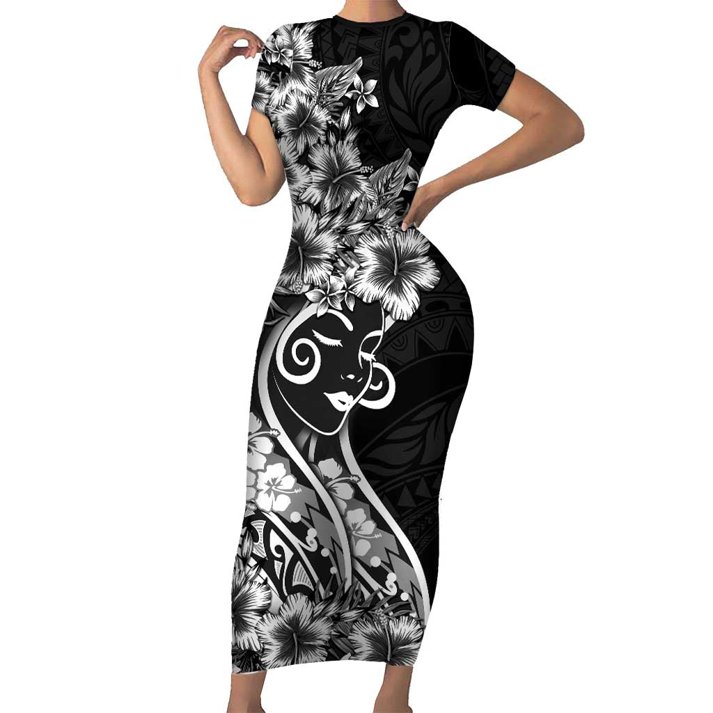 Polynesian Women's Day Short Sleeve Bodycon Dress Black Hibiscus Flowers With Polynesian Pattern LT05 Long Dress Black - Polynesian Pride