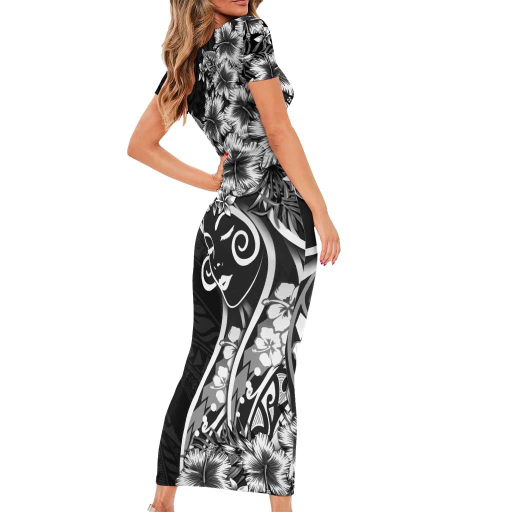 Polynesian Women's Day Short Sleeve Bodycon Dress Black Hibiscus Flowers With Polynesian Pattern LT05 - Polynesian Pride
