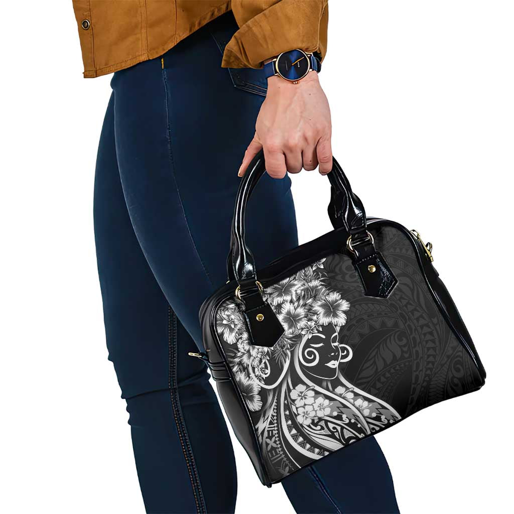 Polynesian Women's Day Shoulder Handbag Black Hibiscus Flowers With Polynesian Pattern LT05 - Polynesian Pride