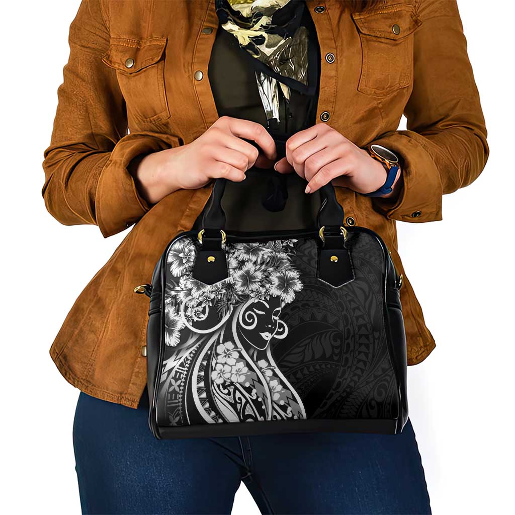Polynesian Women's Day Shoulder Handbag Black Hibiscus Flowers With Polynesian Pattern LT05 - Polynesian Pride