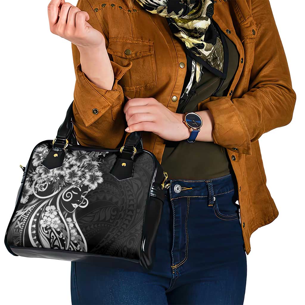 Polynesian Women's Day Shoulder Handbag Black Hibiscus Flowers With Polynesian Pattern LT05 - Polynesian Pride