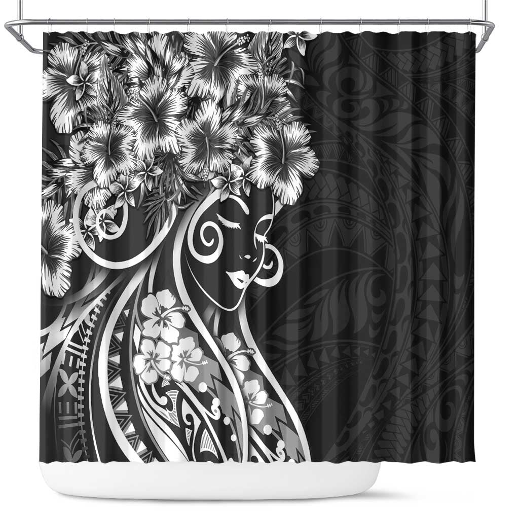Polynesian Women's Day Shower Curtain Black Hibiscus Flowers With Polynesian Pattern LT05 Black - Polynesian Pride