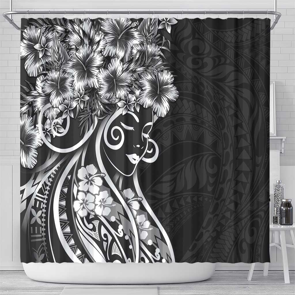 Polynesian Women's Day Shower Curtain Black Hibiscus Flowers With Polynesian Pattern LT05 - Polynesian Pride