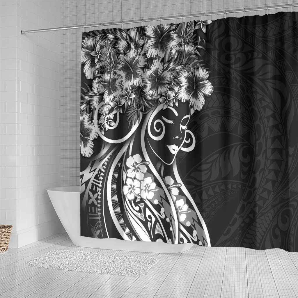 Polynesian Women's Day Shower Curtain Black Hibiscus Flowers With Polynesian Pattern LT05 - Polynesian Pride