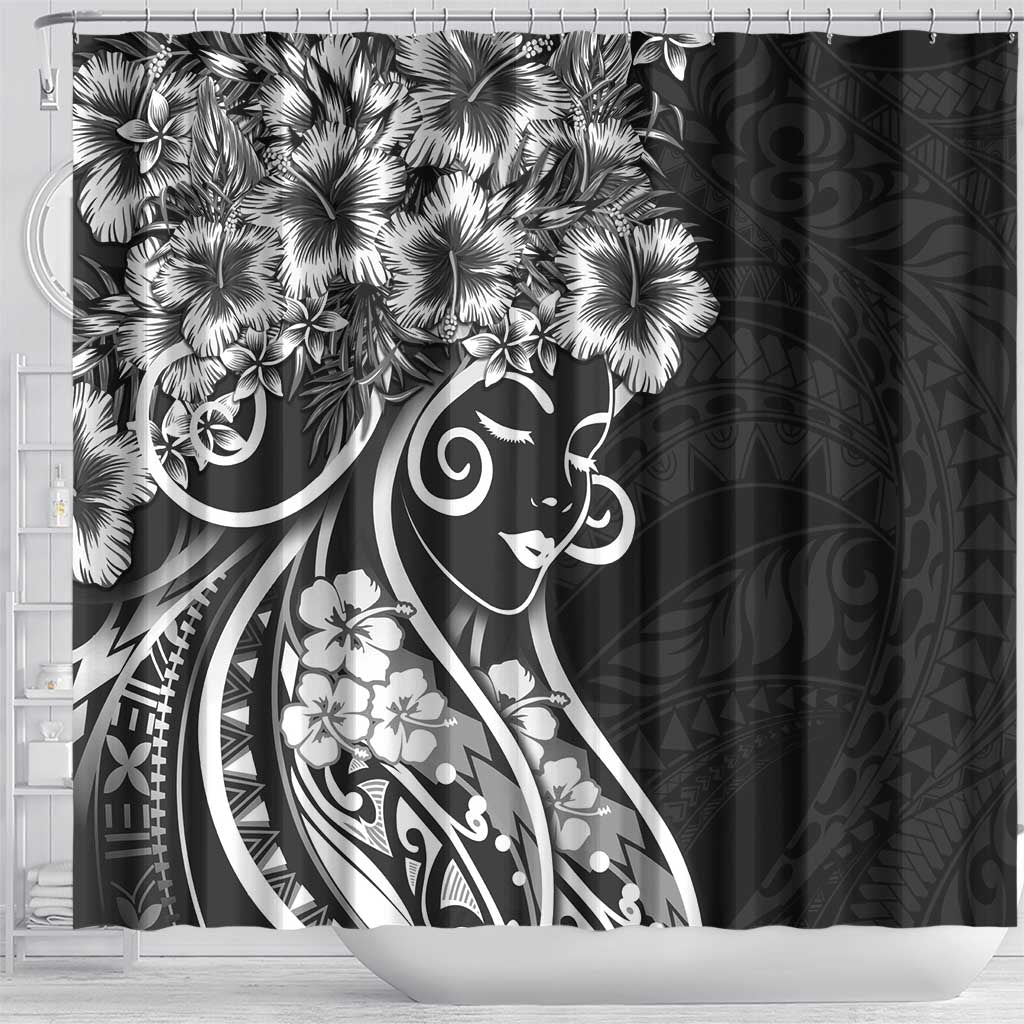 Polynesian Women's Day Shower Curtain Black Hibiscus Flowers With Polynesian Pattern LT05 - Polynesian Pride