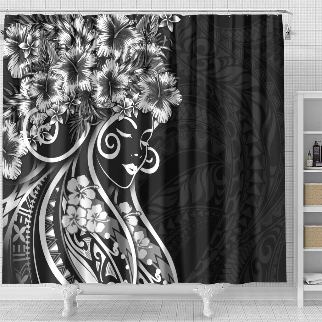 Polynesian Women's Day Shower Curtain Black Hibiscus Flowers With Polynesian Pattern LT05 - Polynesian Pride