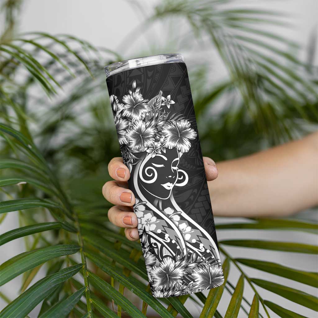 Polynesian Women's Day Skinny Tumbler Black Hibiscus Flowers With Polynesian Pattern LT05 - Polynesian Pride