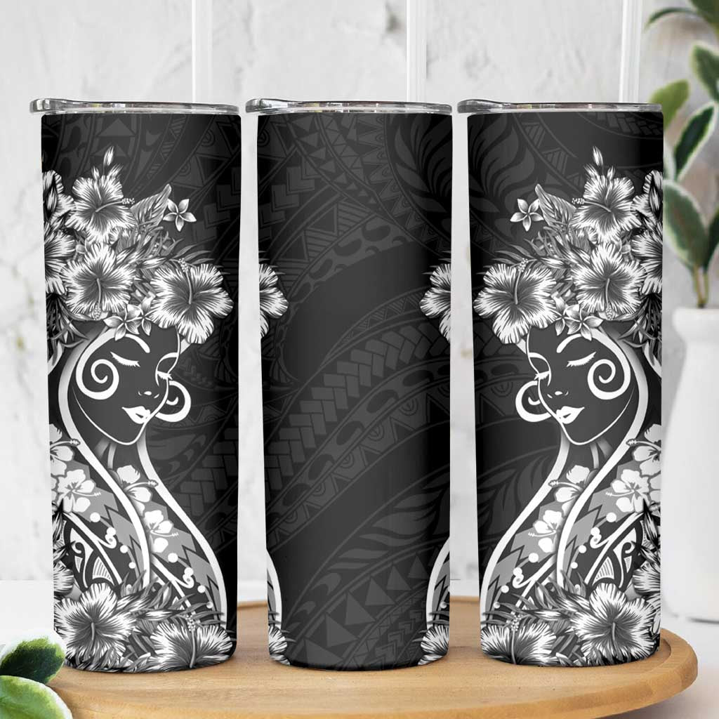 Polynesian Women's Day Skinny Tumbler Black Hibiscus Flowers With Polynesian Pattern LT05 - Polynesian Pride