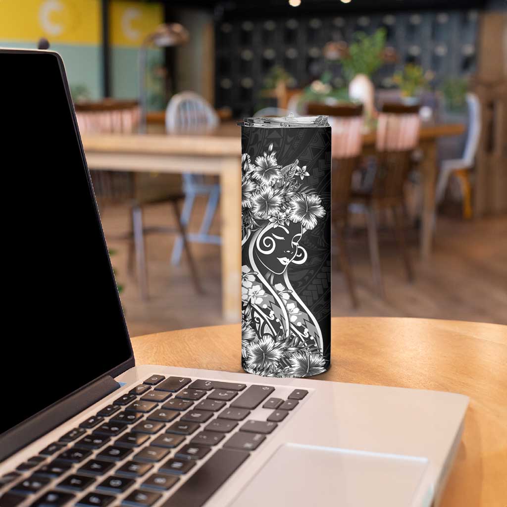 Polynesian Women's Day Skinny Tumbler Black Hibiscus Flowers With Polynesian Pattern LT05 - Polynesian Pride