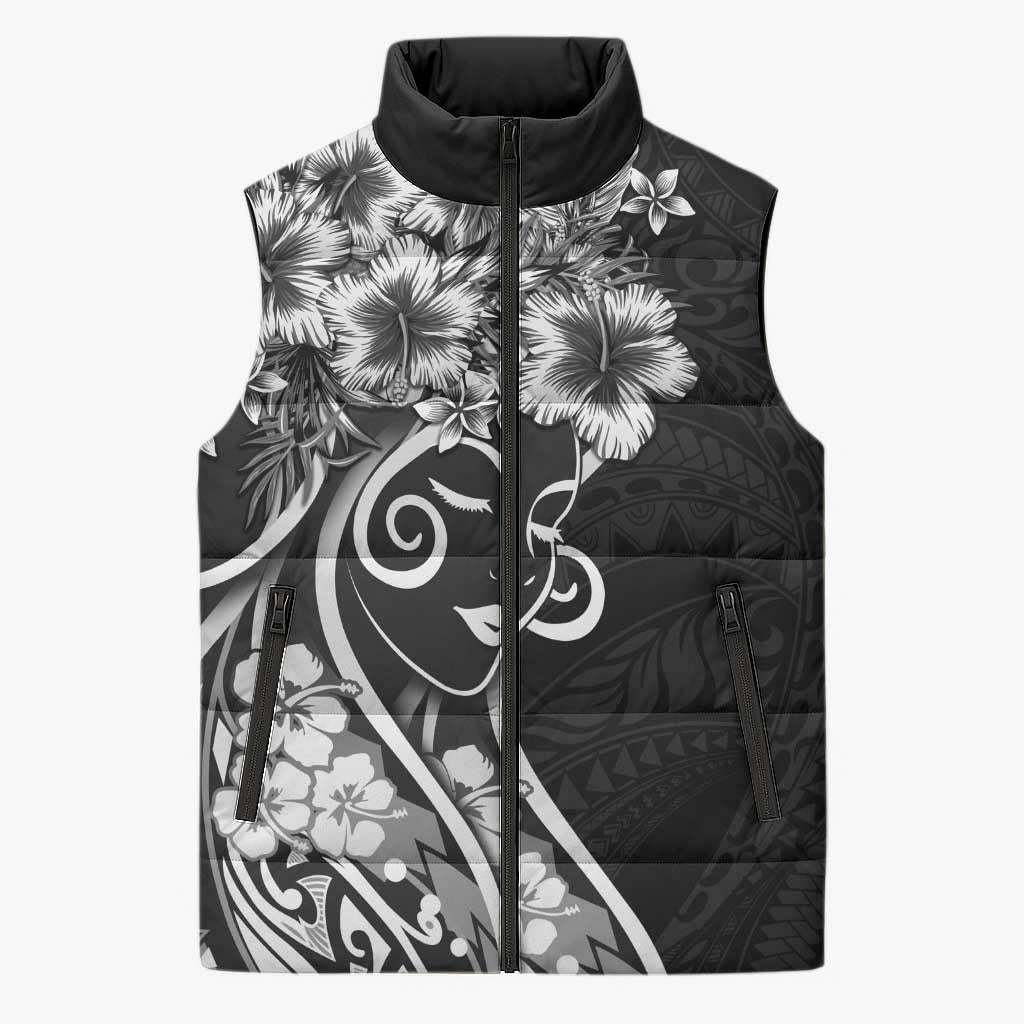 Polynesian Women's Day Sleeveless Puffer Jacket Black Hibiscus Flowers With Polynesian Pattern LT05 Unisex Black - Polynesian Pride