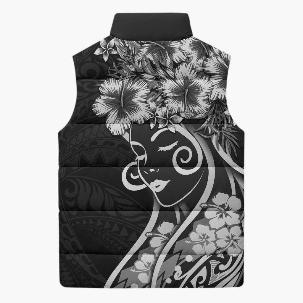 Polynesian Women's Day Sleeveless Puffer Jacket Black Hibiscus Flowers With Polynesian Pattern LT05 - Polynesian Pride