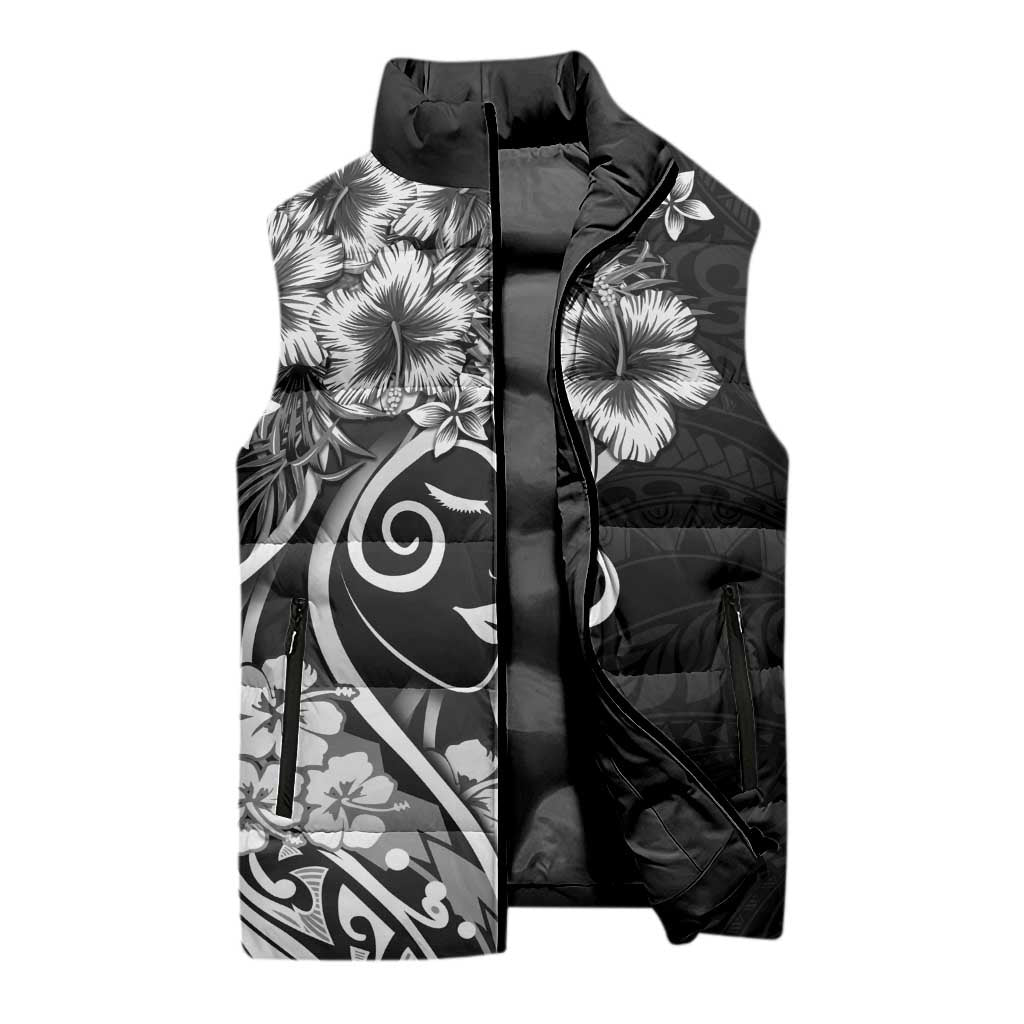 Polynesian Women's Day Sleeveless Puffer Jacket Black Hibiscus Flowers With Polynesian Pattern LT05 - Polynesian Pride