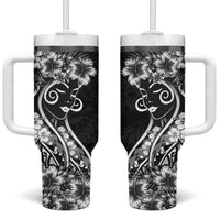 Polynesian Women's Day Tumbler With Handle Black Hibiscus Flowers With Polynesian Pattern LT05 One Size: 40 oz Black - Polynesian Pride