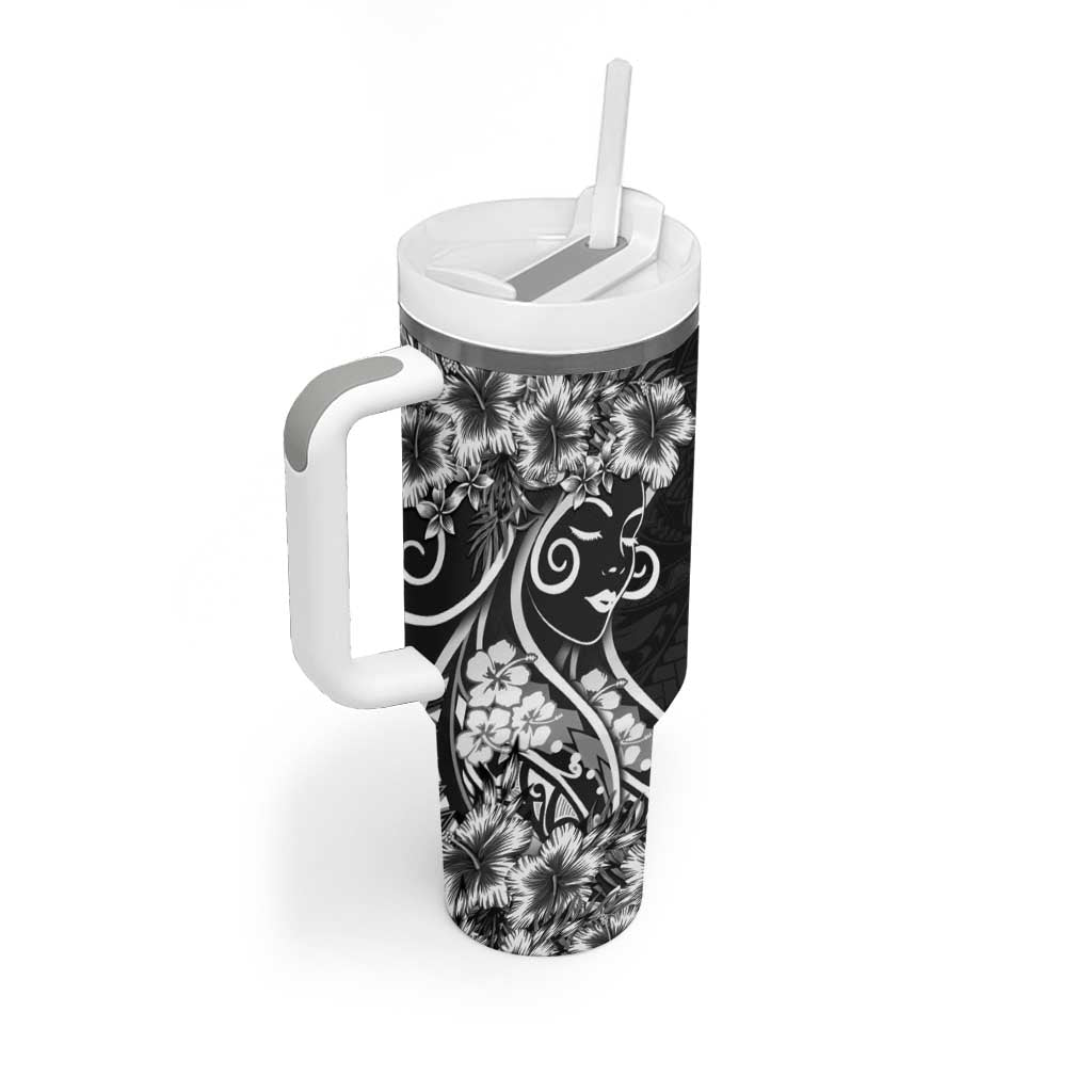 Polynesian Women's Day Tumbler With Handle Black Hibiscus Flowers With Polynesian Pattern LT05 - Polynesian Pride