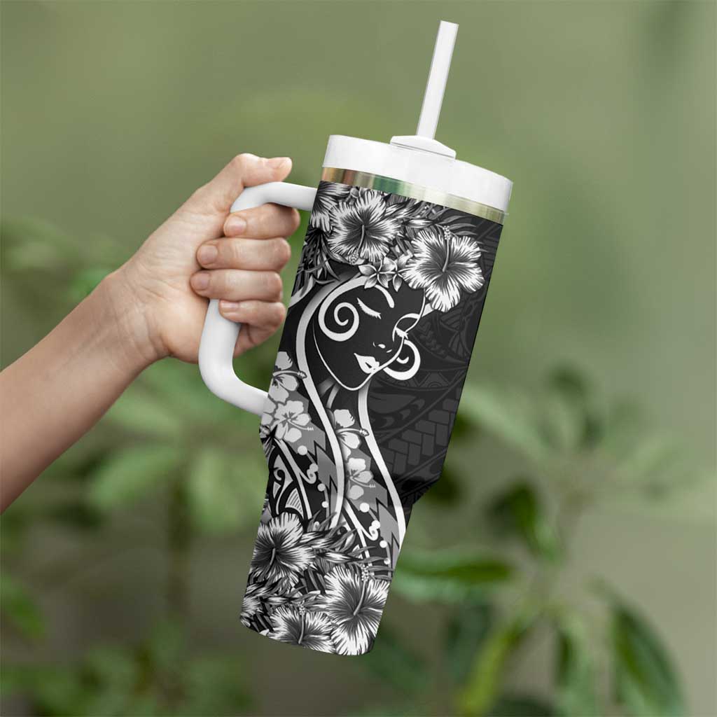 Polynesian Women's Day Tumbler With Handle Black Hibiscus Flowers With Polynesian Pattern LT05 - Polynesian Pride