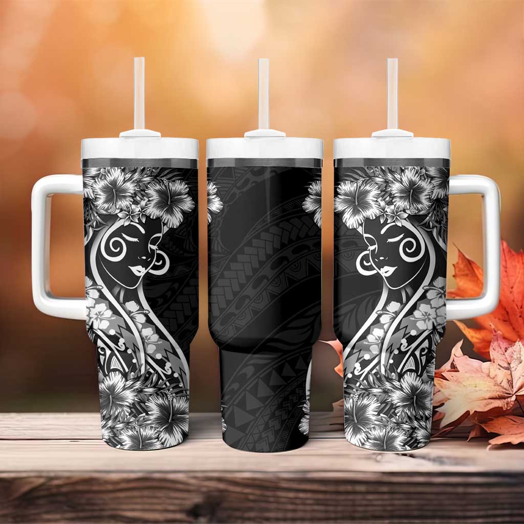 Polynesian Women's Day Tumbler With Handle Black Hibiscus Flowers With Polynesian Pattern LT05 - Polynesian Pride